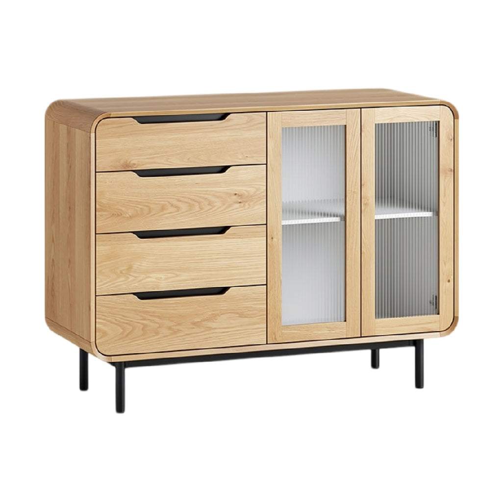 **Technische titel in het Nederlands: Modern houten dressoir met glazen deuren en ladeopbergruimte**